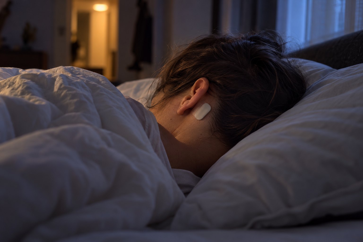 Concept render: a sleeping person with the behind-the-ear patch in place. No face shown.