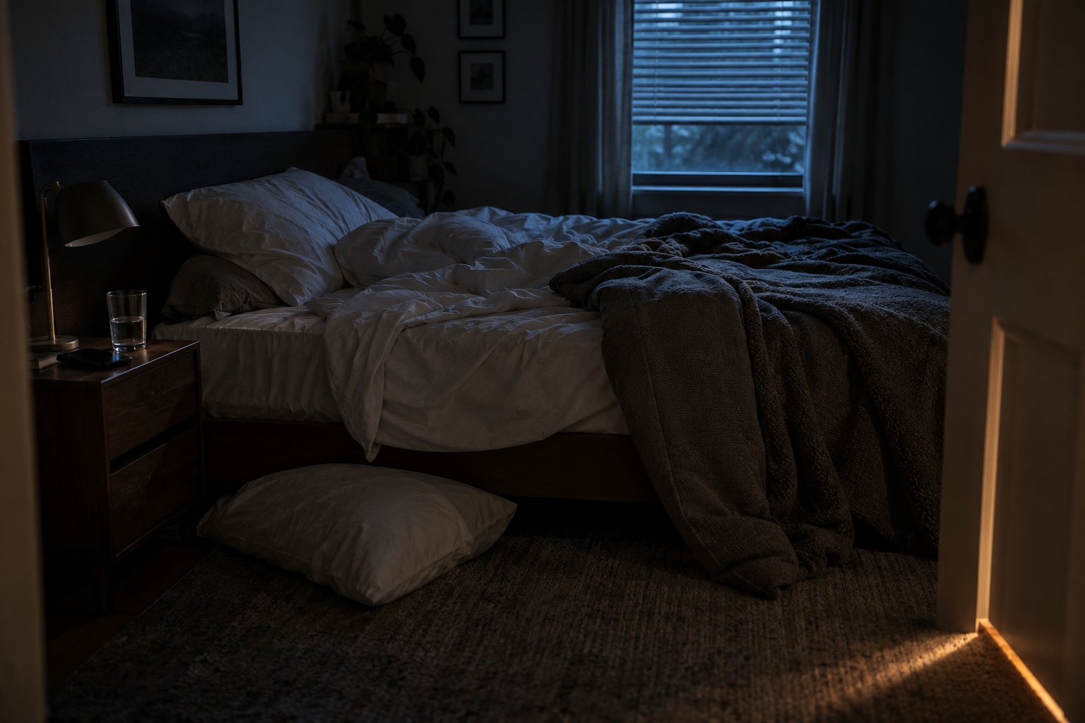 Concept render: a dim bedroom at night with a bedside hub on the nightstand and the wearable at rest.