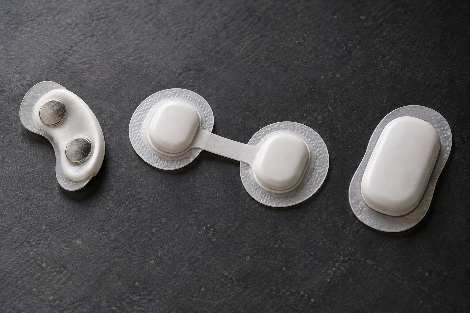 Concept render: three white sensor patches on dark slate — a curved behind-the-ear EEG patch showing two silver electrode discs, a two-pad chest ECG patch joined by a short lead, and a thicker arm patch for EMG and motion