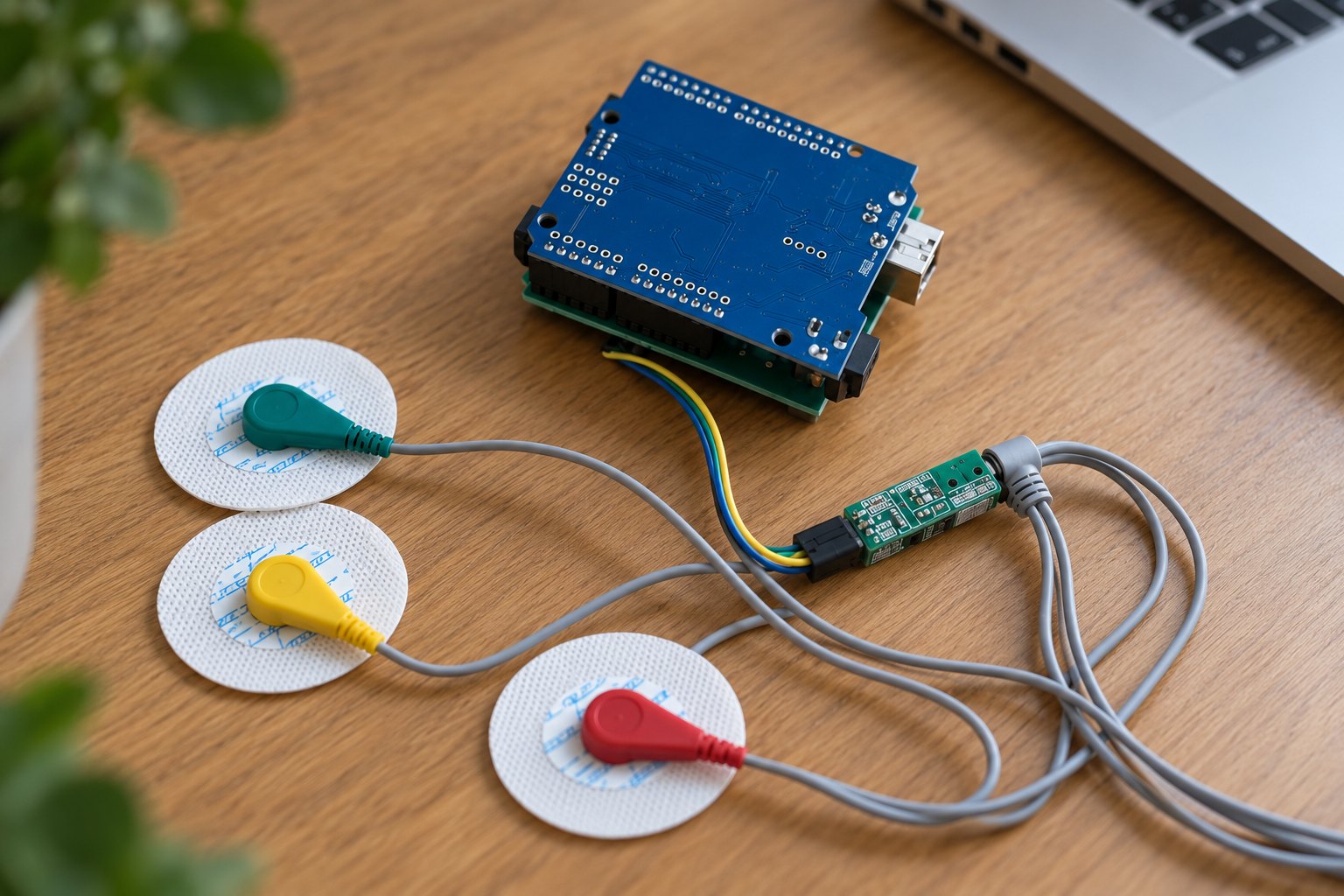 Concept render: a bench kit of boards, leads and sensor patches laid out for the prototype stage.