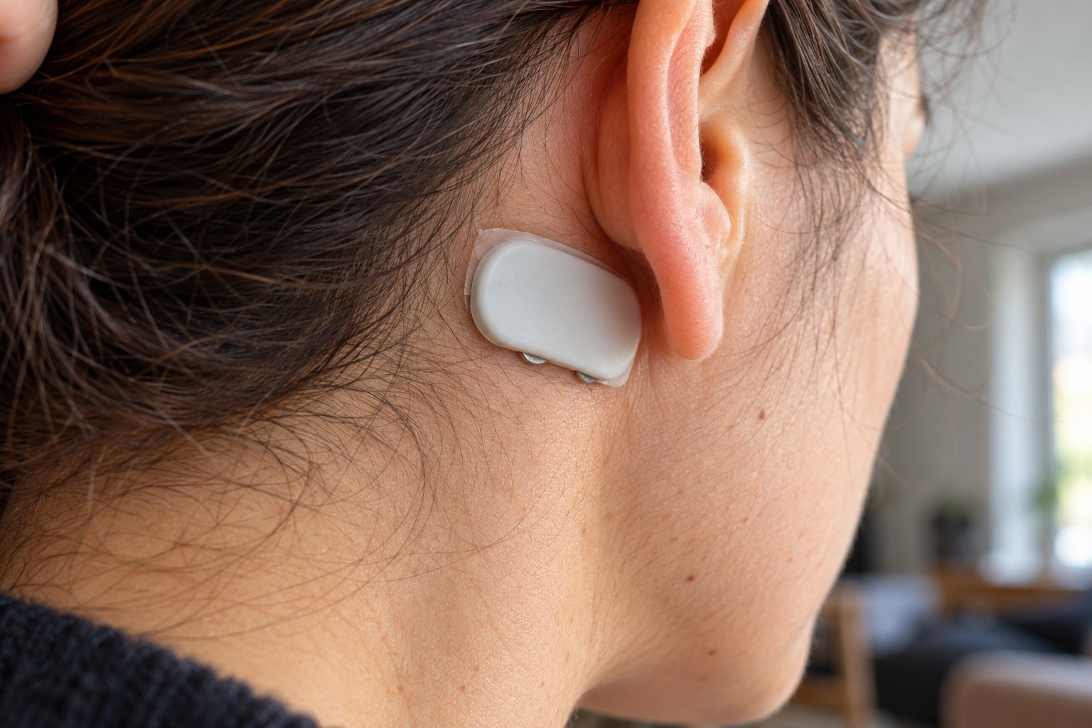Concept render: a close view of a silver electrode disc set into a patch.