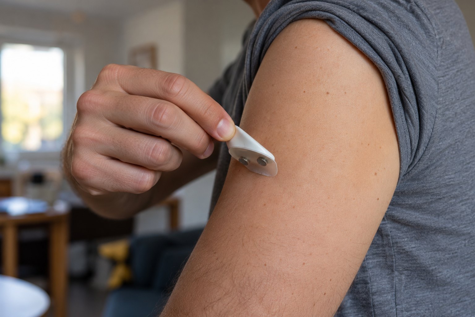Concept render: a patch being peeled off the skin at the end of a wear period.