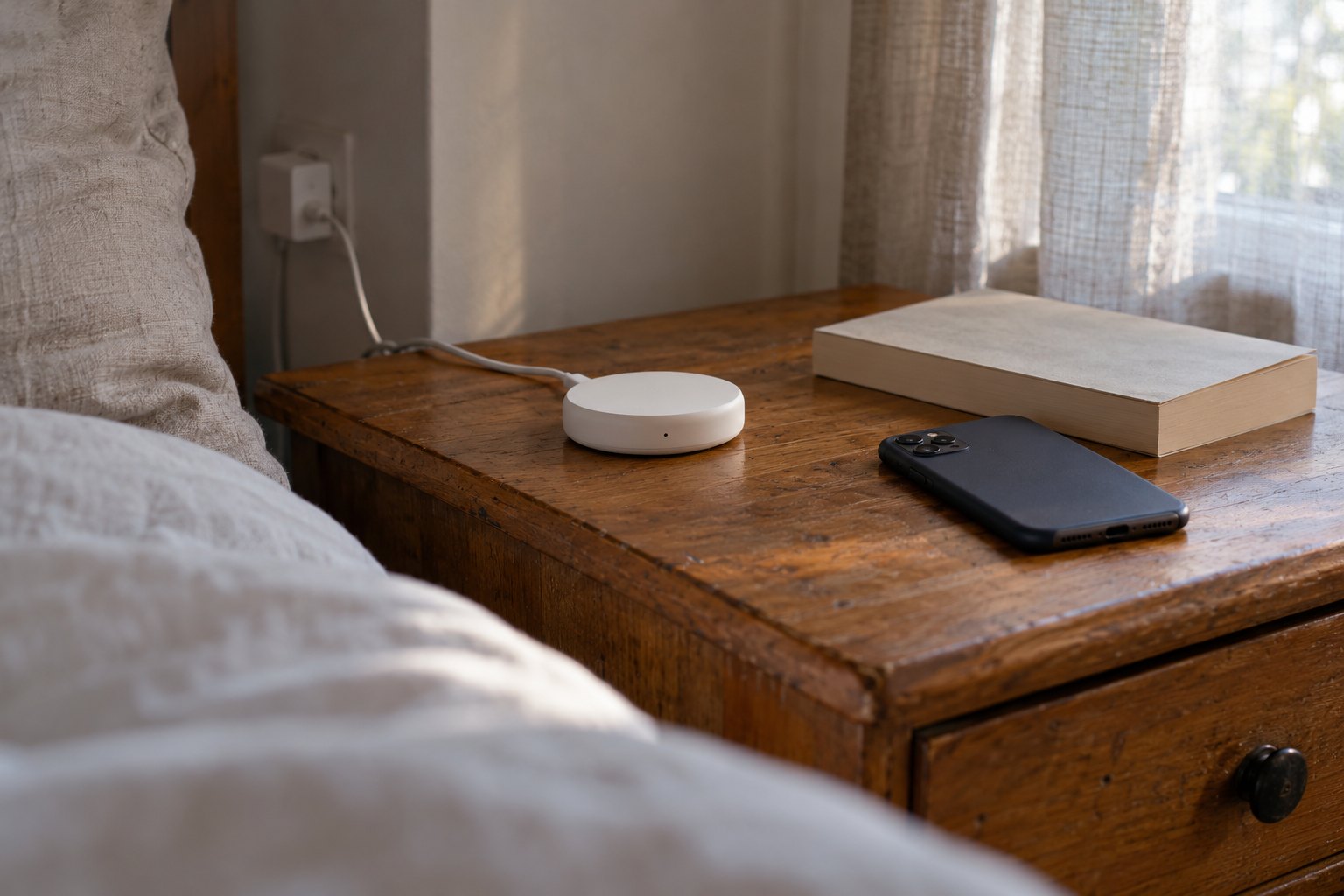Concept render: a bedside hub with a status light, designed for the caregiver.
