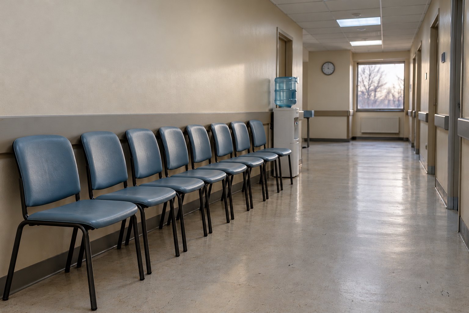 Concept render: an empty waiting room with chairs and a window, no one present.