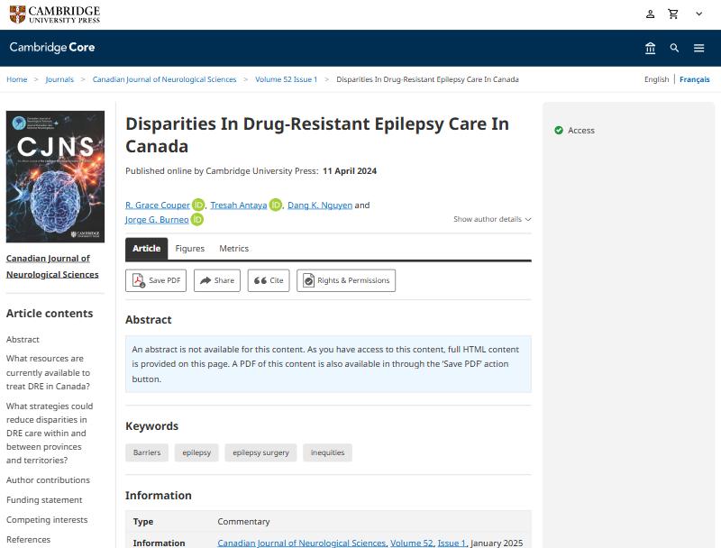 Canadian Journal of Neurological Sciences, April 2024: Disparities in Drug-Resistant Epilepsy Care in Canada