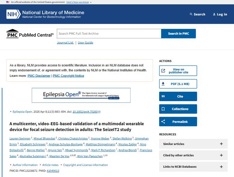 Epilepsia Open 2026: multicenter video-EEG-based validation of a multimodal wearable device for focal seizure detection, the SeizeIT2 study