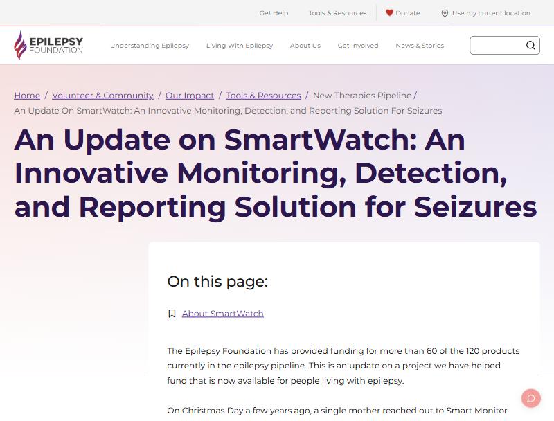 Epilepsy Foundation page: An update on SmartWatch, an innovative monitoring, detection and reporting solution for seizures
