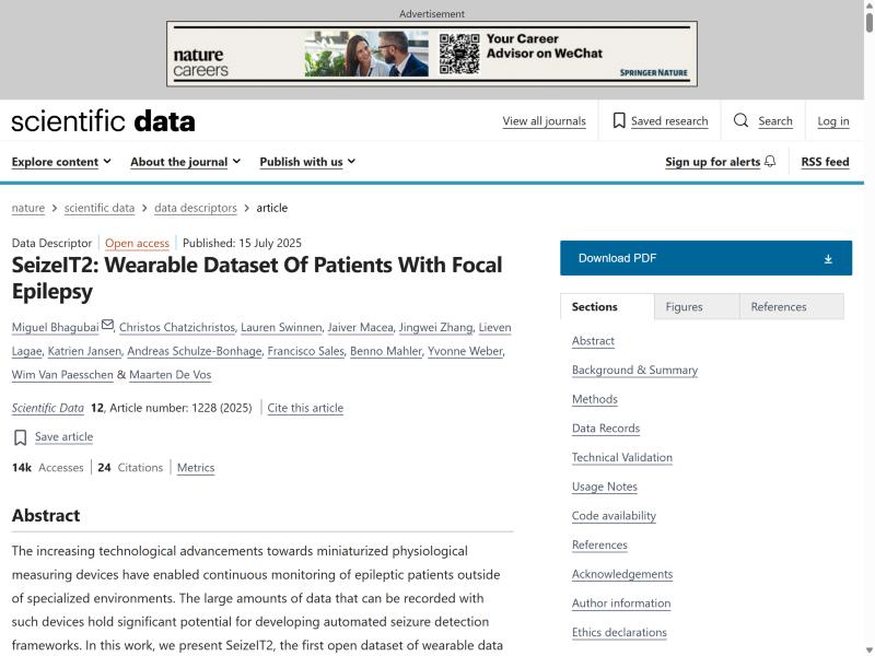 Scientific Data, 15 July 2025: SeizeIT2, Wearable Dataset of Patients with Focal Epilepsy