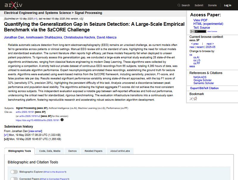 arXiv 2505.18191: Quantifying the Generalization Gap in Seizure Detection, SzCORE Challenge