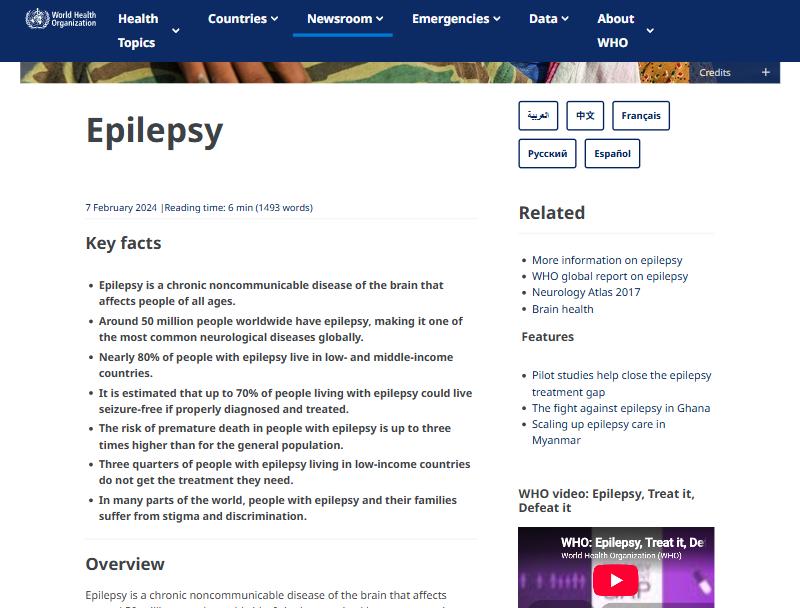 WHO epilepsy fact sheet key facts: 50 million people, 80% in low- and middle-income countries, up to 70% could be seizure-free, death risk up to three times higher